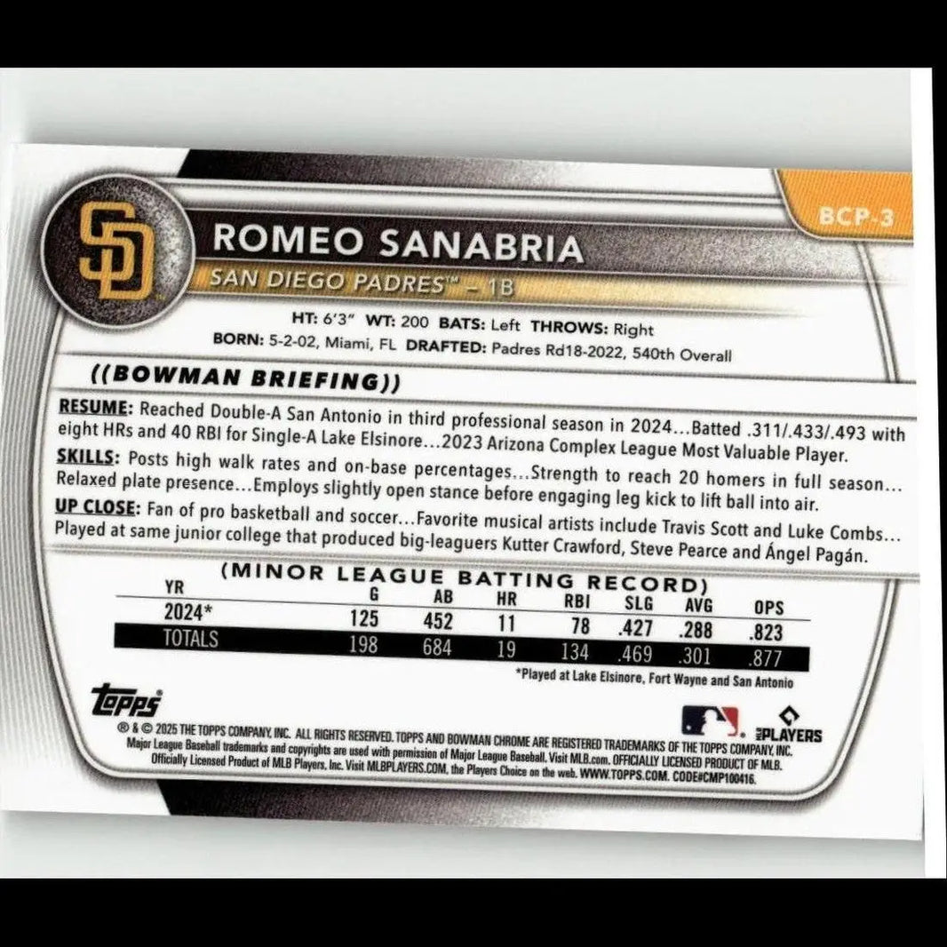 This is the back of a silver and black 2025 bowman romeo sanabria chrome prospects baseball trading card with stats details