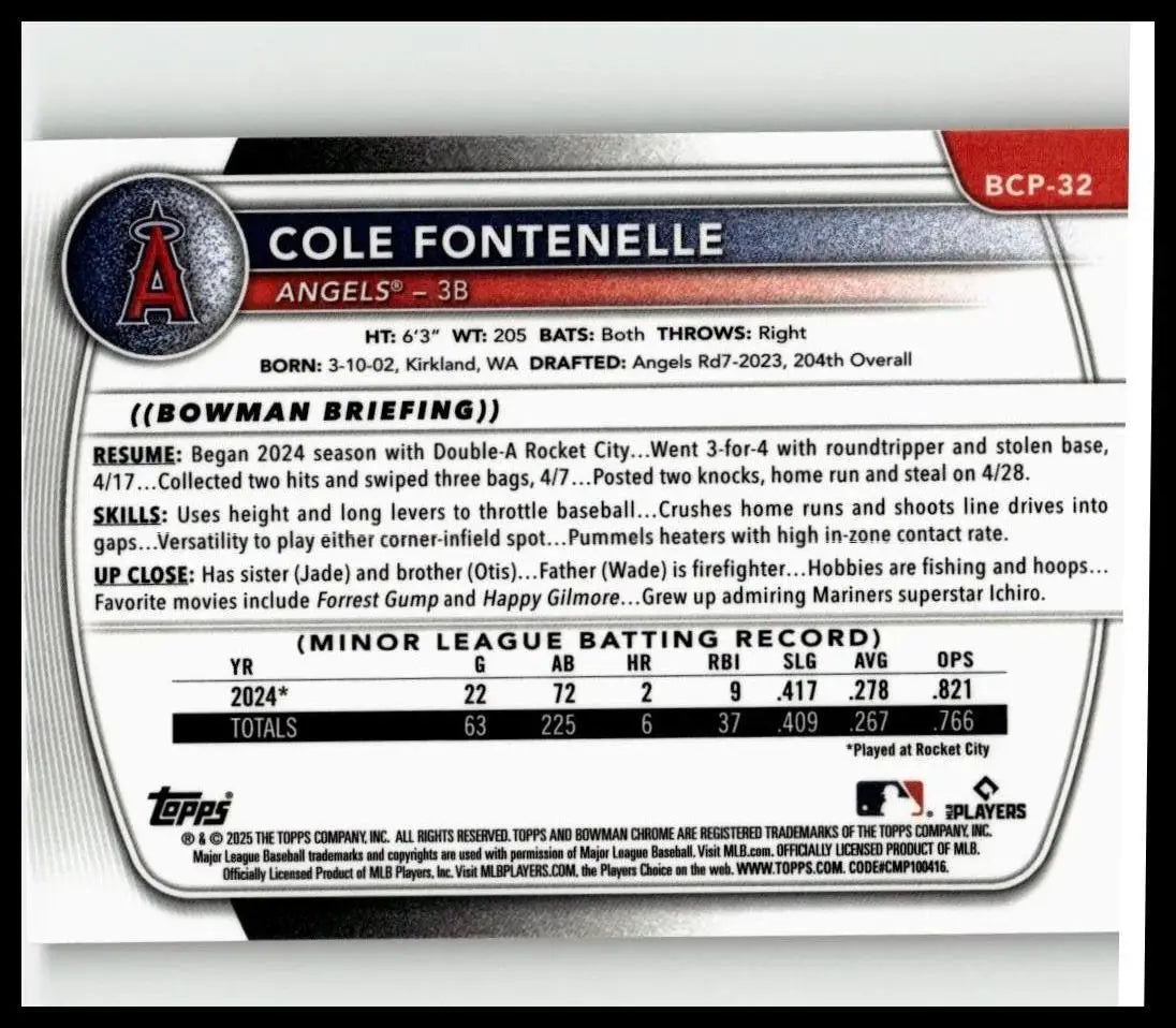 Silver and black baseball trading card featuring cole fontenelle chrome prospects from 2025 bowman reptilian refractor