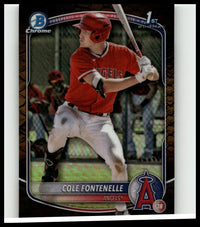 Red and white 2025 bowman cole fontenelle chrome prospects baseball card showing him batting in angels uniform