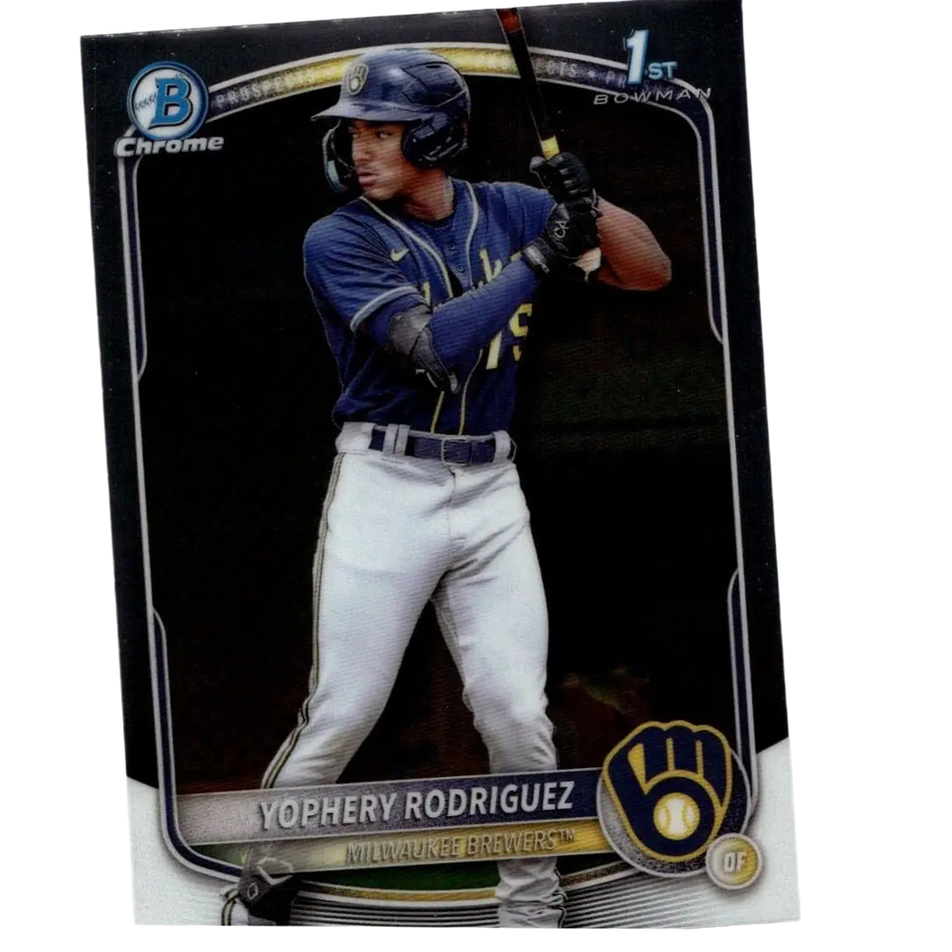 Blue and gold milwaukee brewers 2025 bowman yophery rodriguez chrome prospects baseball card in batting stance