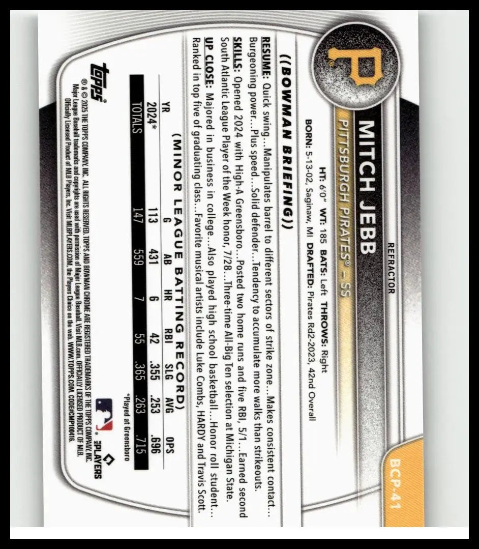 Back of 2025 bowman mitch jebb chrome prospects refractor baseball card featuring black and gold design with player stats
