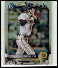 2025 bowman mitch jebb chrome prospects refractor baseball card with shimmering green and silver iridescent border