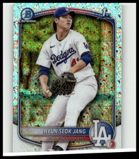 Chrome baseball trading card of hyun-seok jang in white dodgers uniform with blue lettering chrome prospects speckle refractor
