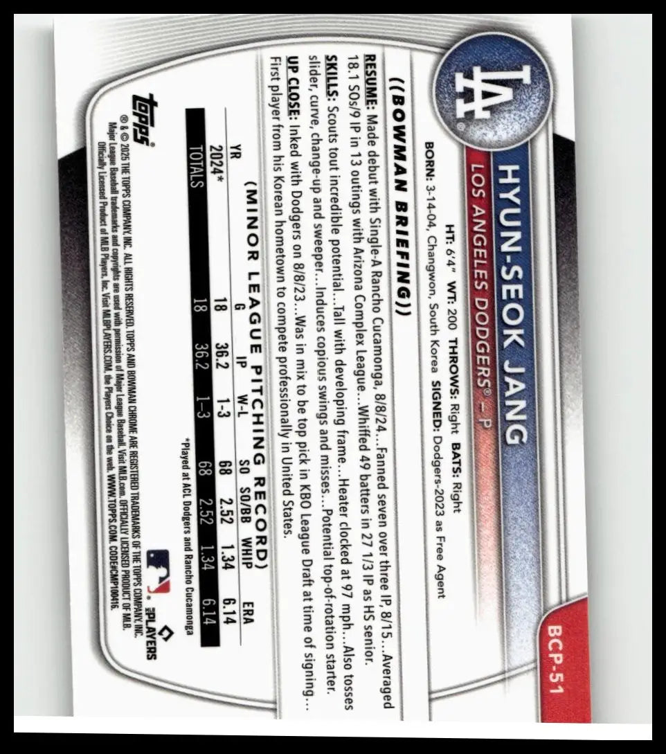 Blue and white baseball trading card back featuring jang chrome prospects detailed stats on chrome prospects speckle refractor
