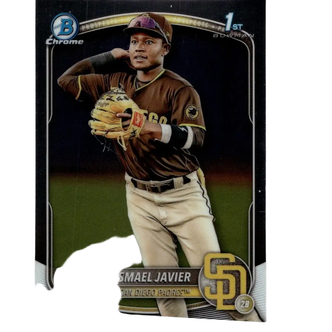A 2025 bowman chrome prospects baseball card featuring Ismael Javier in a brown san diego padres uniform holding a tan glove