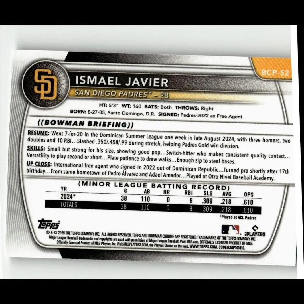 Back of 2025 bowman ismael javier chrome prospects baseball card with detailed stats and biographical info
