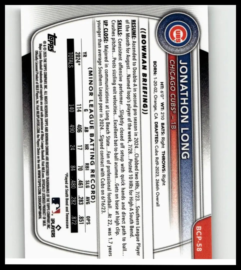 Chicago cubs jonathon long chrome baseball card 2025 bowman silver and blue long chrome prospects refractor