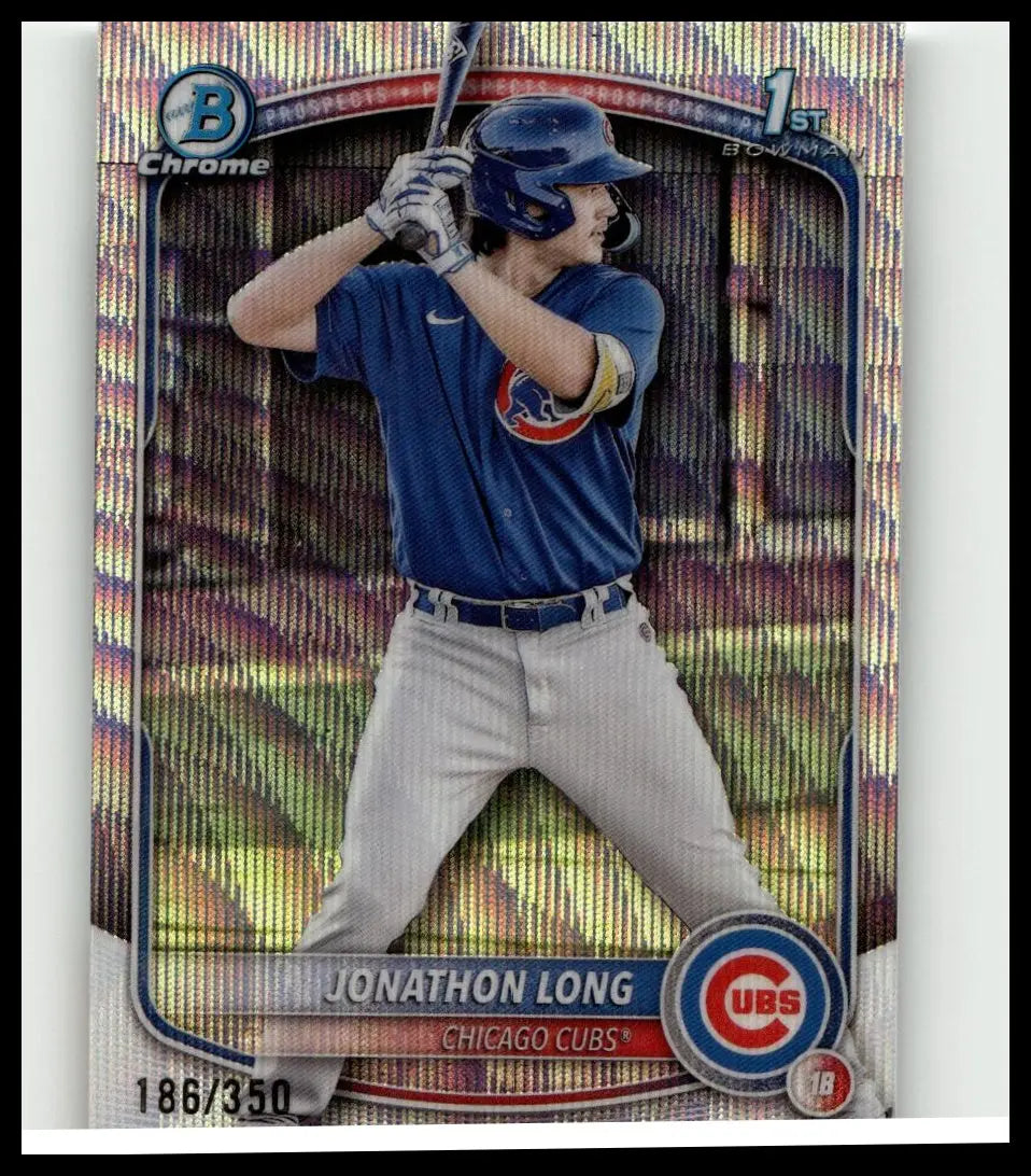 Blue and gray 2025 bowman jonathon long chrome prospects baseball card showing long in batting stance numbered to 350