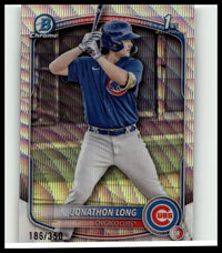 Blue and gray 2025 bowman jonathon long chrome prospects baseball card showing long in batting stance numbered to 350