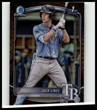 Blue and gray tampa bay rays baseball card featuring jack lines in a batting stance from 2025 bowman chrome prospects