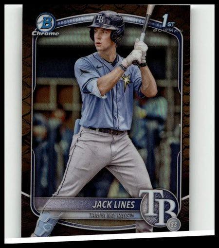 Blue and gray tampa bay rays baseball card featuring jack lines in a batting stance from 2025 bowman chrome prospects