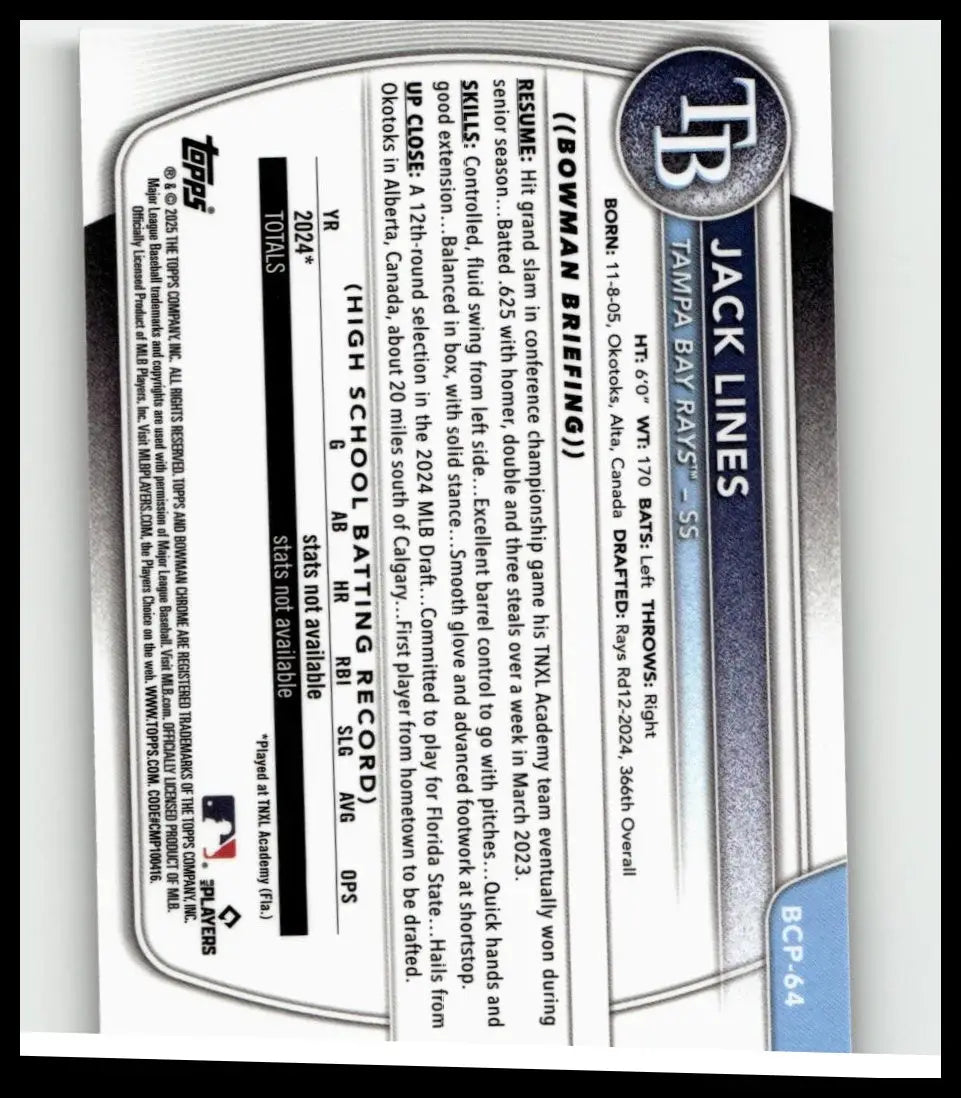 Tampa Bay Rays 2025 Bowman BCP-64 Jack Lines chrome prospects reptilian refractor baseball card