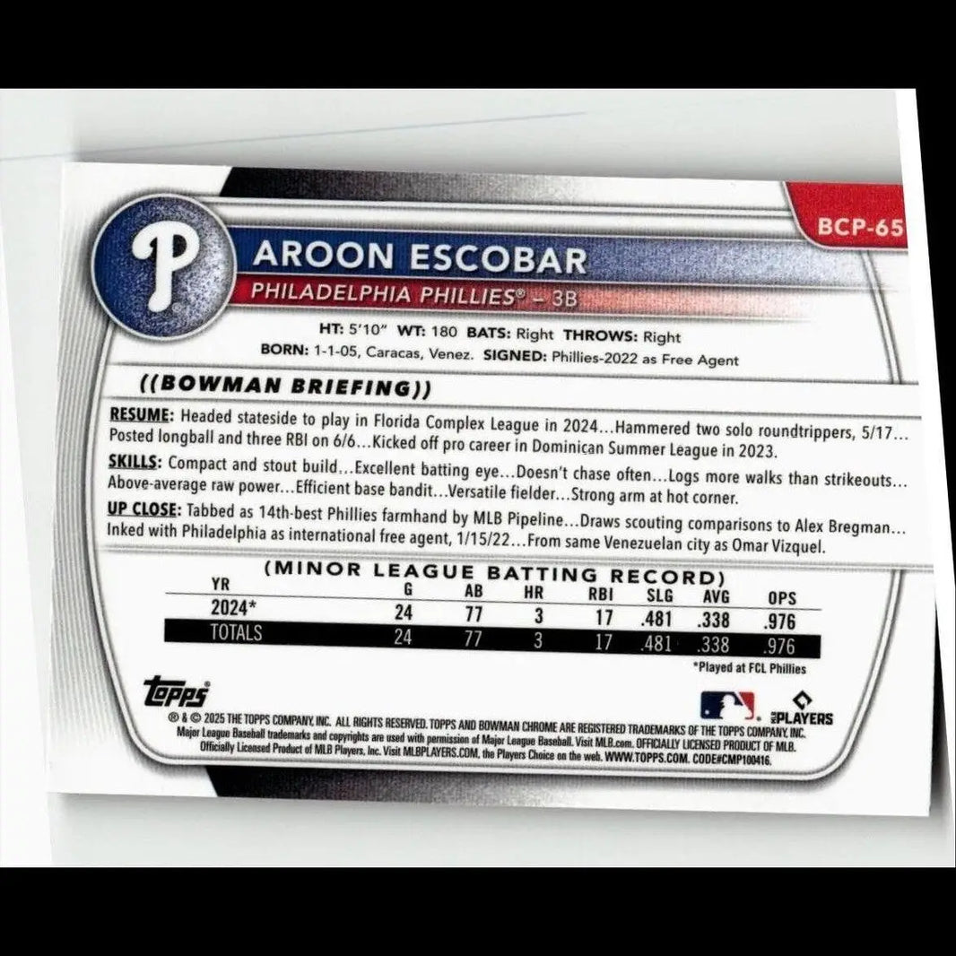 2025 bowman chrome prospects reptilian refractor baseball card back featuring detailed stats of aroon escobar chrome