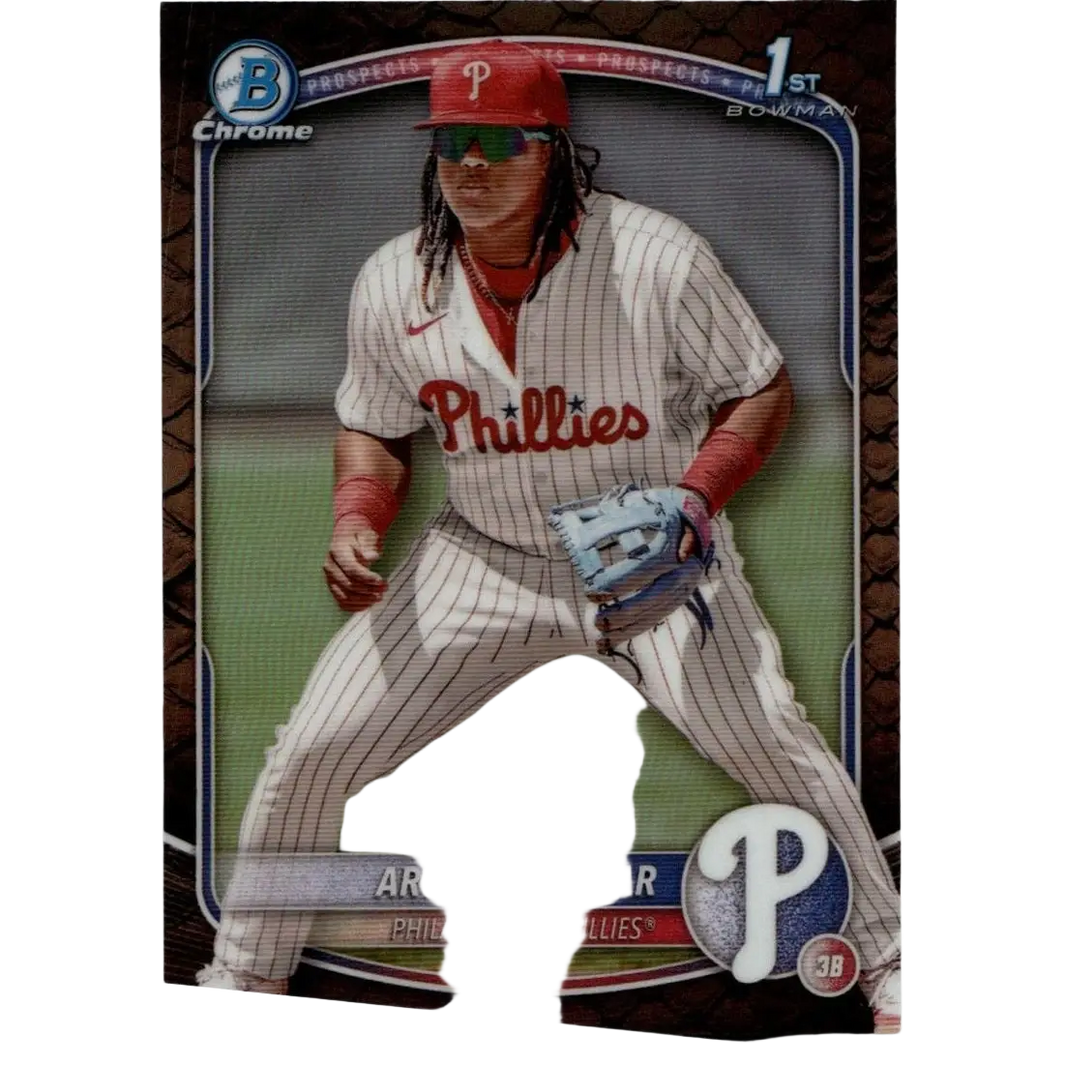 A 2025 bowman bcp-65 aroon escobar chrome prospects reptilian refractor baseball card in philadelphia phillies pinstripe uniform