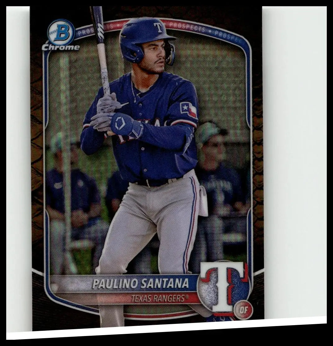 Blue texas rangers baseball card featuring paulino santana in batting stance from 2025 bowman santana chrome prospects