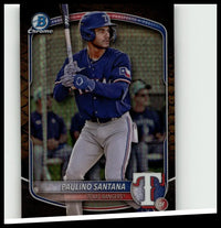 Blue texas rangers baseball card featuring paulino santana in batting stance from 2025 bowman santana chrome prospects