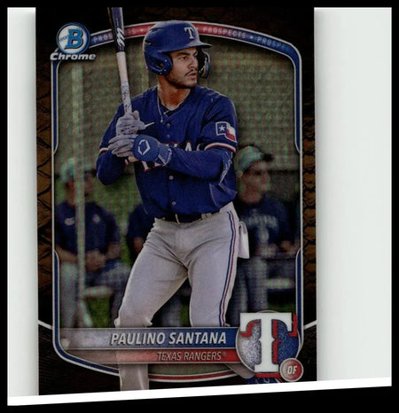 Blue texas rangers baseball card featuring paulino santana in batting stance from 2025 bowman santana chrome prospects