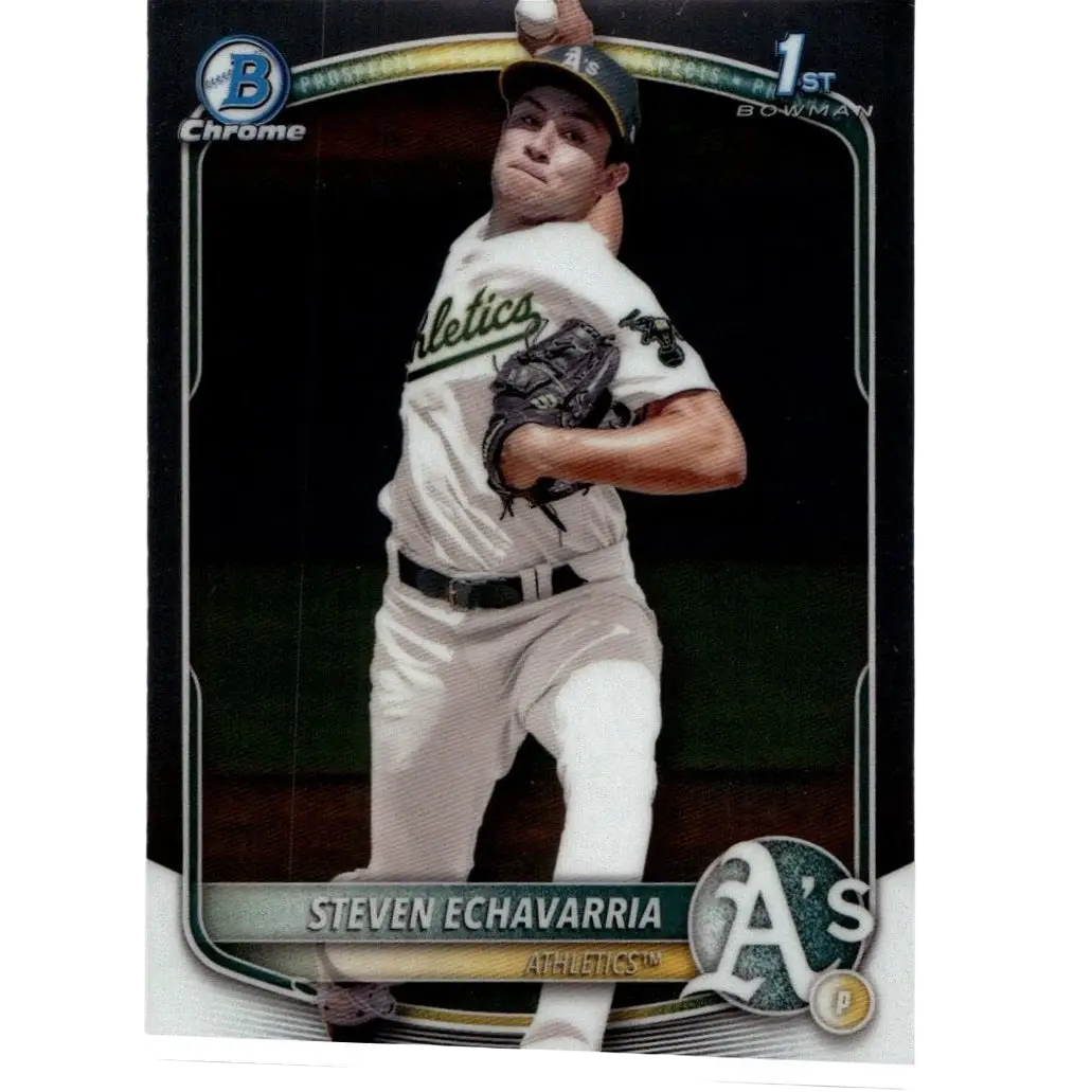 Silver and black 2025 bowman steven echavarria chrome prospects baseball trading card featuring oakland athletics uniform