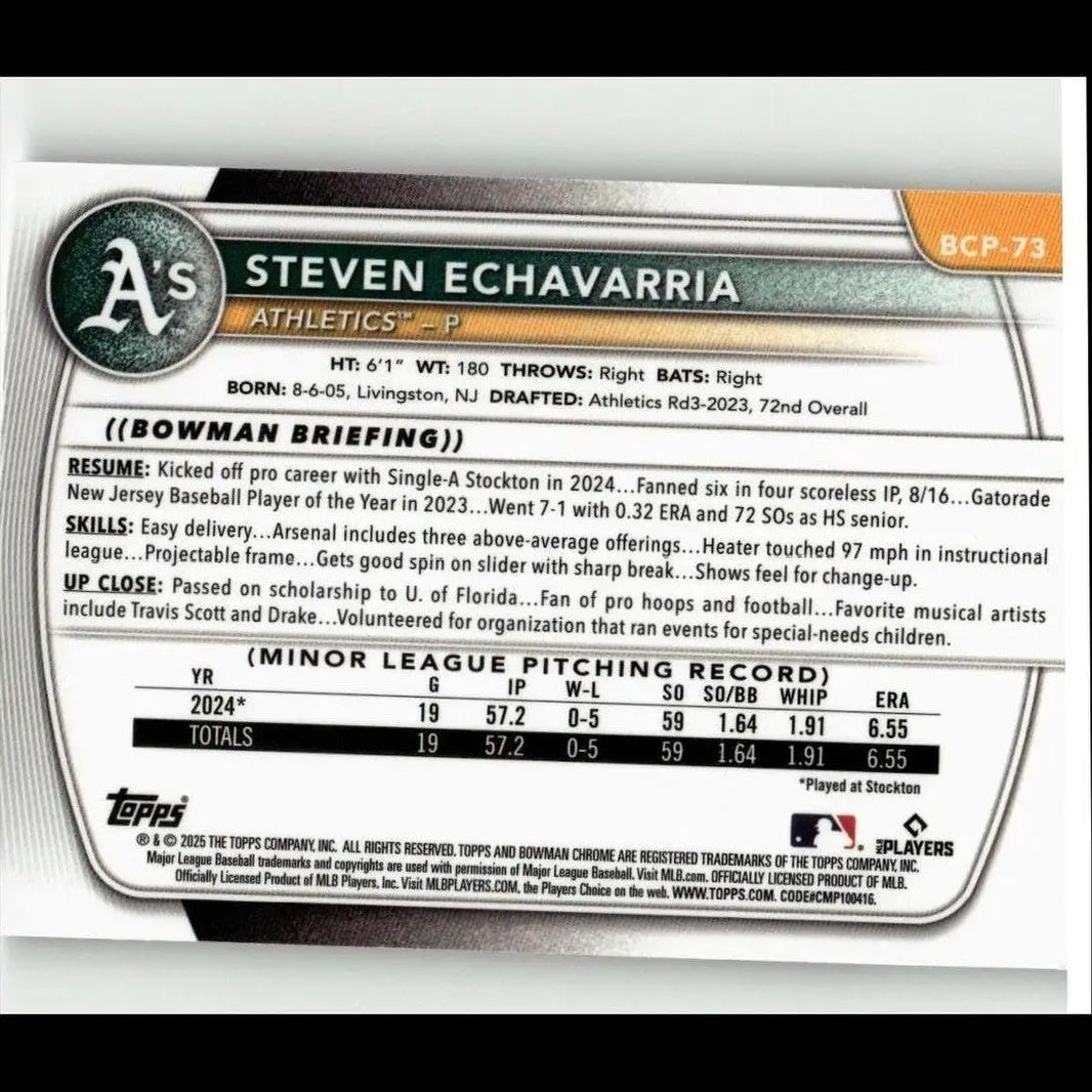 Silver and black 2025 bowman steven echavarria chrome baseball trading card from chrome prospects series