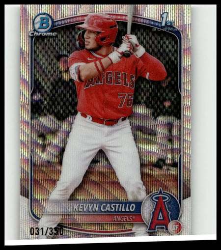 Red and white baseball jersey worn by kevyn castillo in batting stance featured in 2025 bowman kevyn castillo chrome prospects