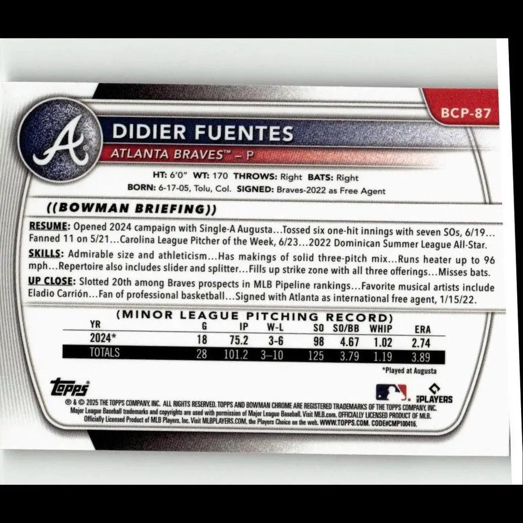 Back of 2025 bowman didier fuentes chrome prospects baseball card with silver and black design elements