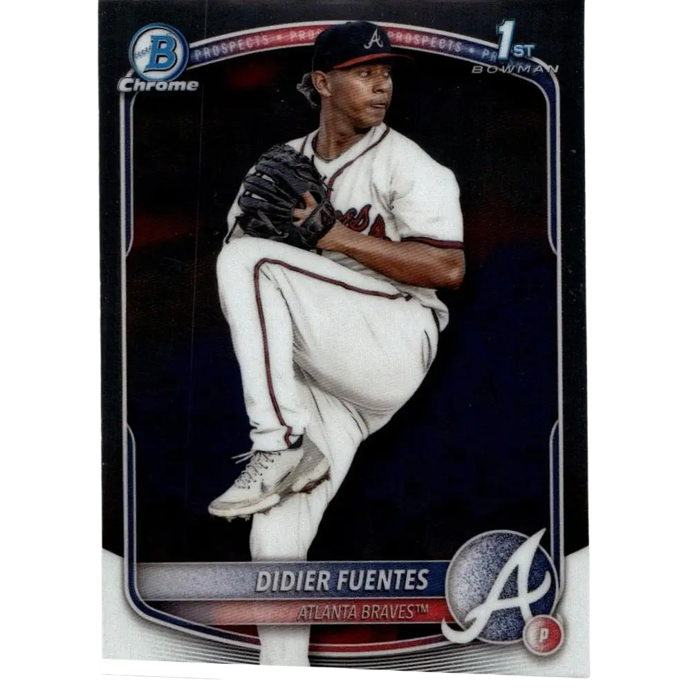 Chrome baseball trading card featuring didier fuentes in atlanta braves uniform 2025 bowman fuentes chrome prospects