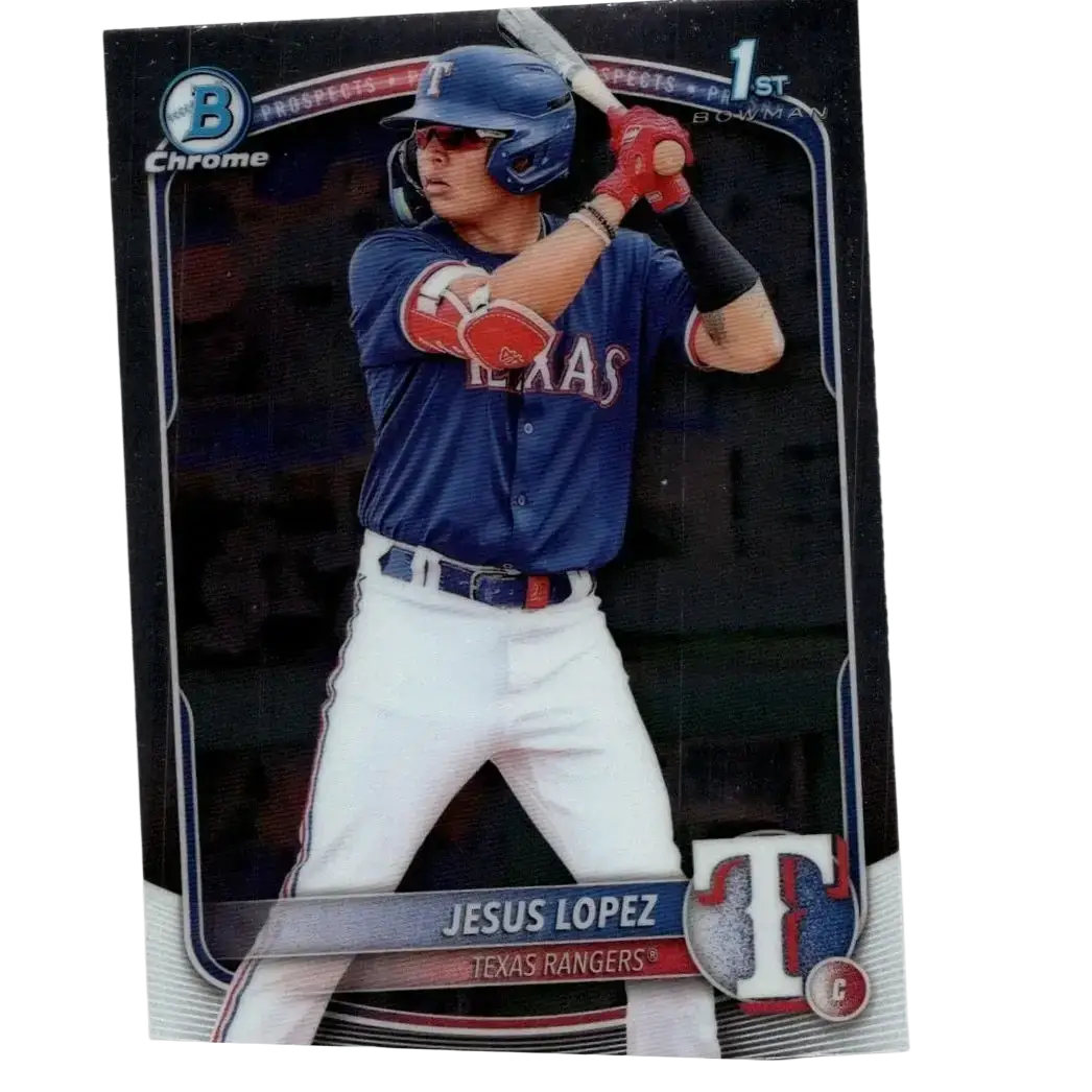 Blue and white texas rangers baseball card featuring jesus lopez in batting stance from 2025 bowman lopez chrome prospects