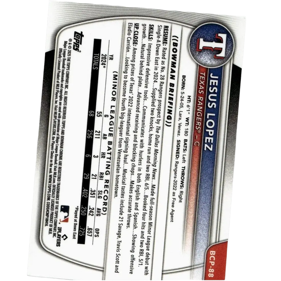 2025 bowman texas rangers baseball card featuring jesus lopez with silver and blue lopez chrome prospects design