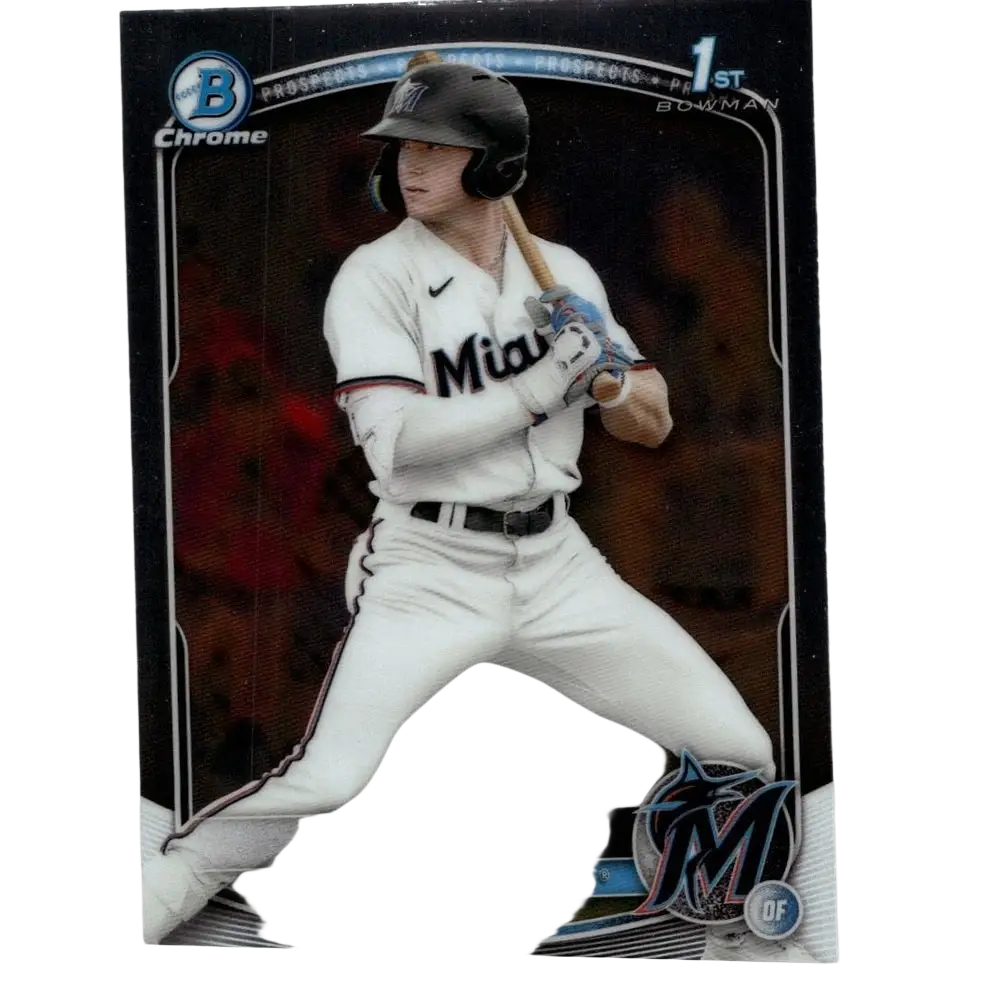 A black and silver 2025 bowman morlando chrome prospects baseball card showing pj morlando in miami marlins uniform holding a bat