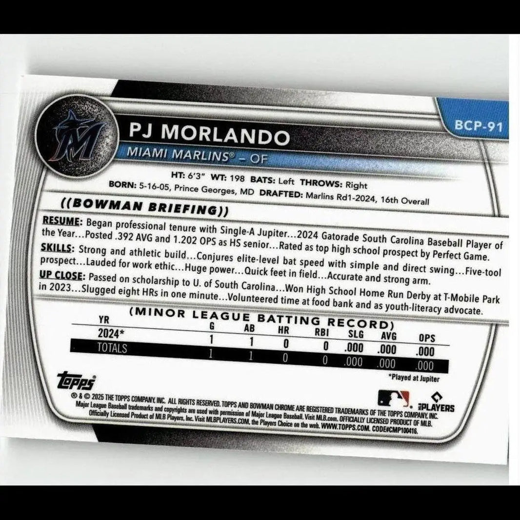 Silver and black 2025 bowman chrome prospects baseball card featuring pj morlando of the miami marlins