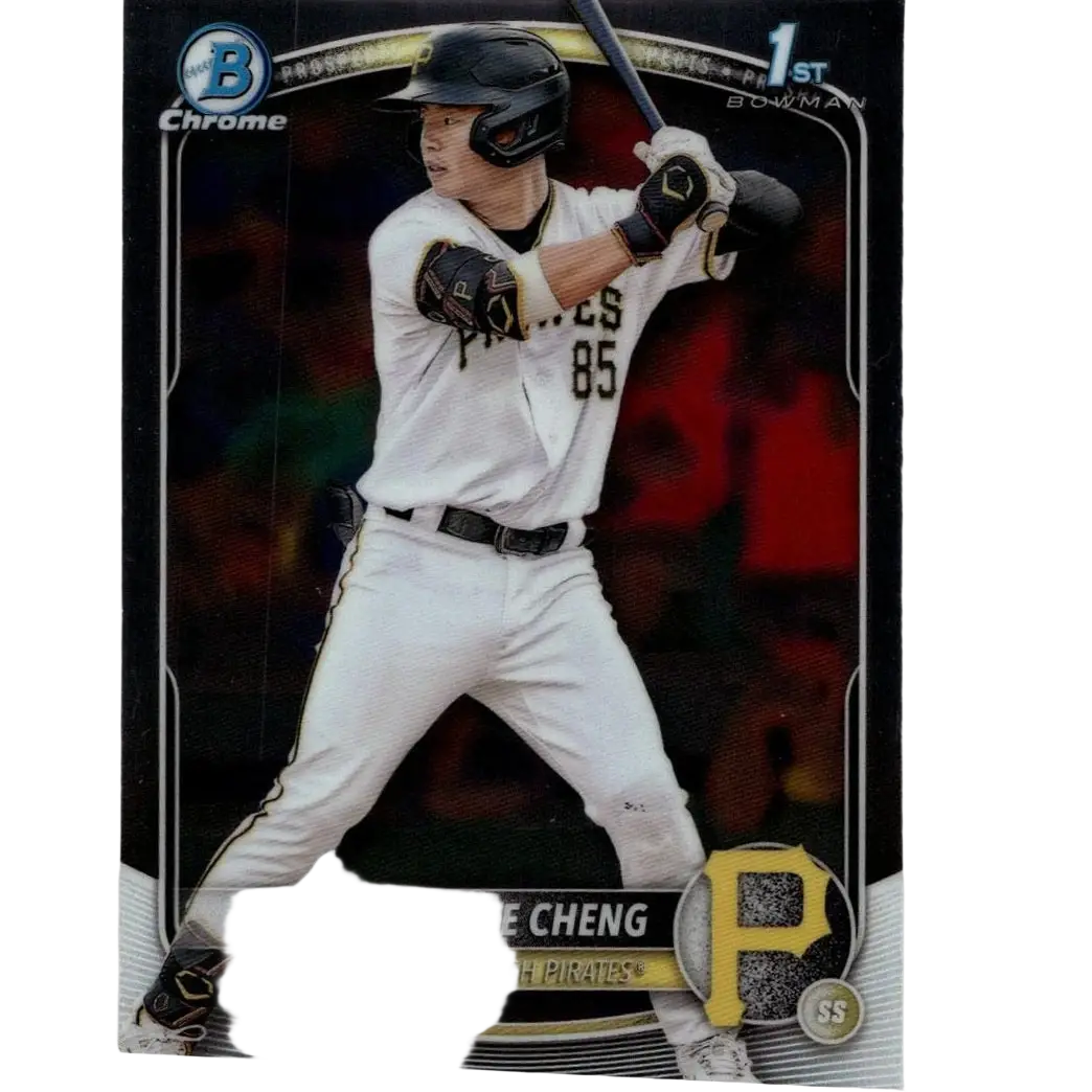 A baseball trading card featuring tsung-chieh cheng in a white pittsburgh pirates uniform with black and gold accents, holding a bat.