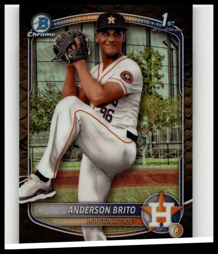 2025 bowman bcp-98 anderson brito chrome prospects baseball card featuring houston astros pitcher in white uniform