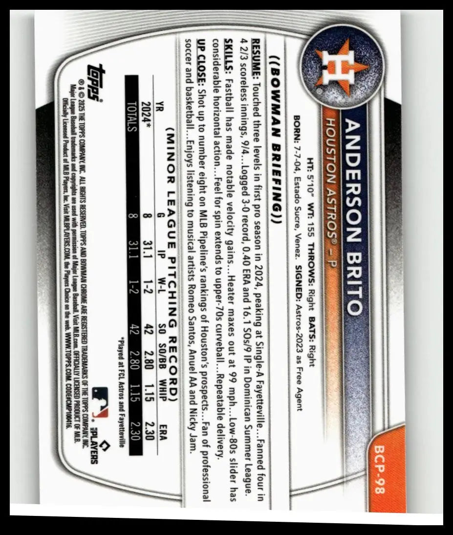 Houston astros baseball card featuring anderson brito chrome prospects with silver and orange reptilian refractor design