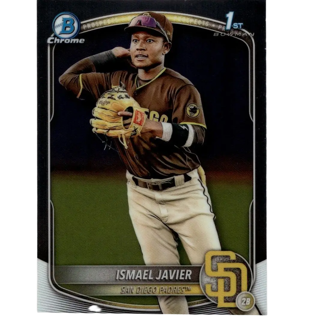 Brown and gold 2025 bowman baseball trading card featuring ismael javier prospects of the san diego padres