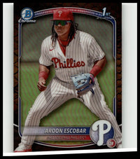 Aaron escobar philadelphia phillies baseball trading card in white pinstripe uniform from 2025 bowman prospects series