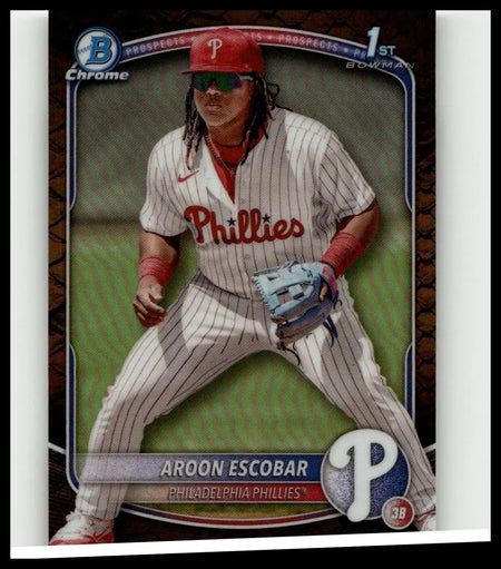 Aaron escobar philadelphia phillies baseball trading card in white pinstripe uniform from 2025 bowman prospects series