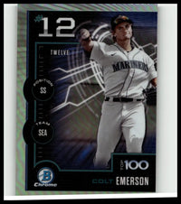 A 2025 bowman baseball trading card featuring colt emerson in a white seattle mariners uniform holding a glove