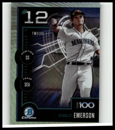 A 2025 bowman baseball trading card featuring colt emerson in a white seattle mariners uniform holding a glove