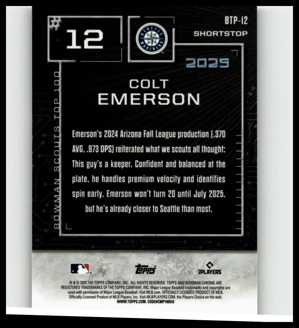 Black 2025 bowman colt emerson bowman scouts top 100 baseball trading card featuring seattle mariners shortstop emerson