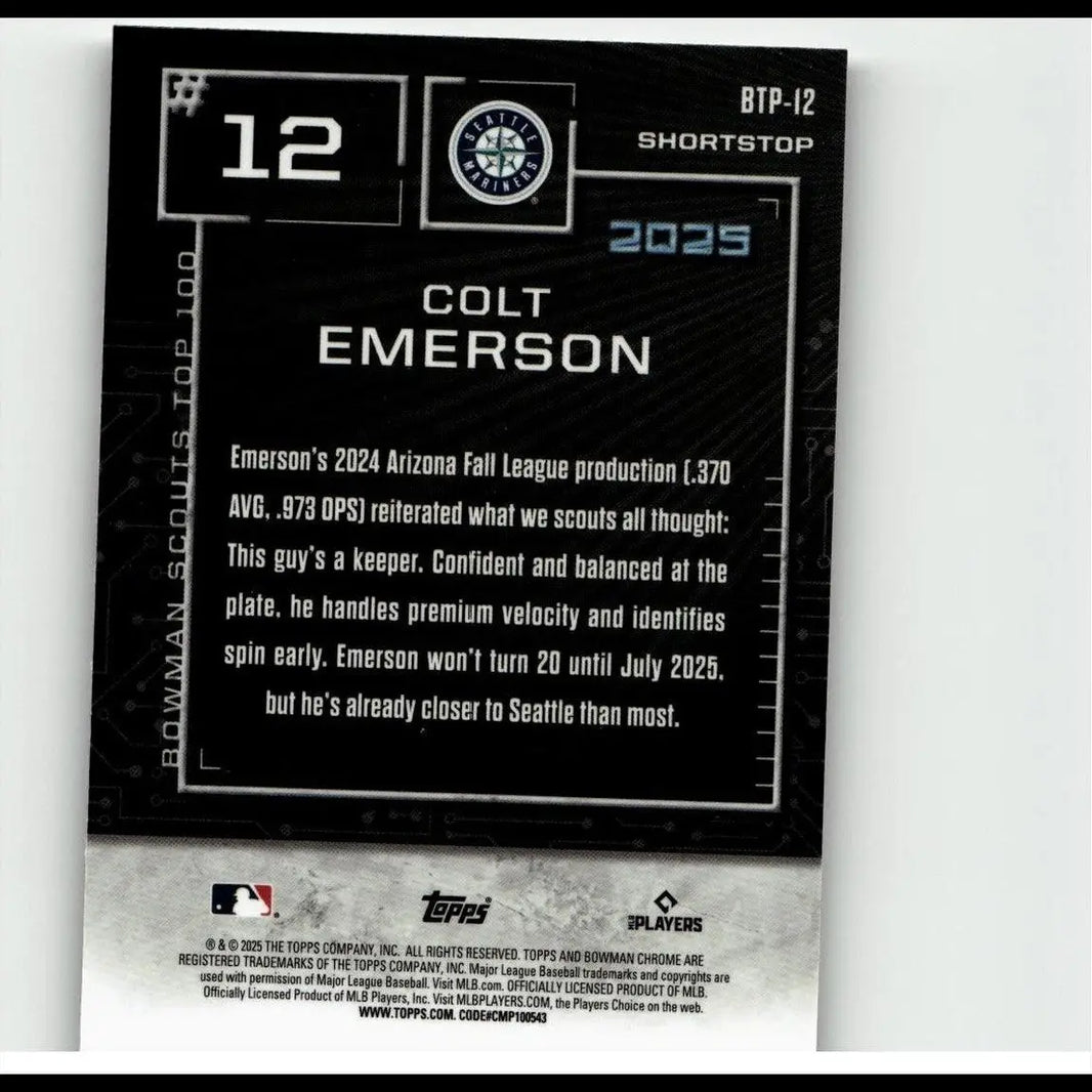 Black colt emerson bowman baseball trading card number 12 with white text and circuit board design from bowman scouts