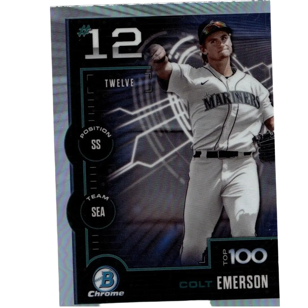 Silver and black 2025 bowman #btp-12 colt emerson bowman scouts baseball card in seattle mariners uniform number 12 shortstop