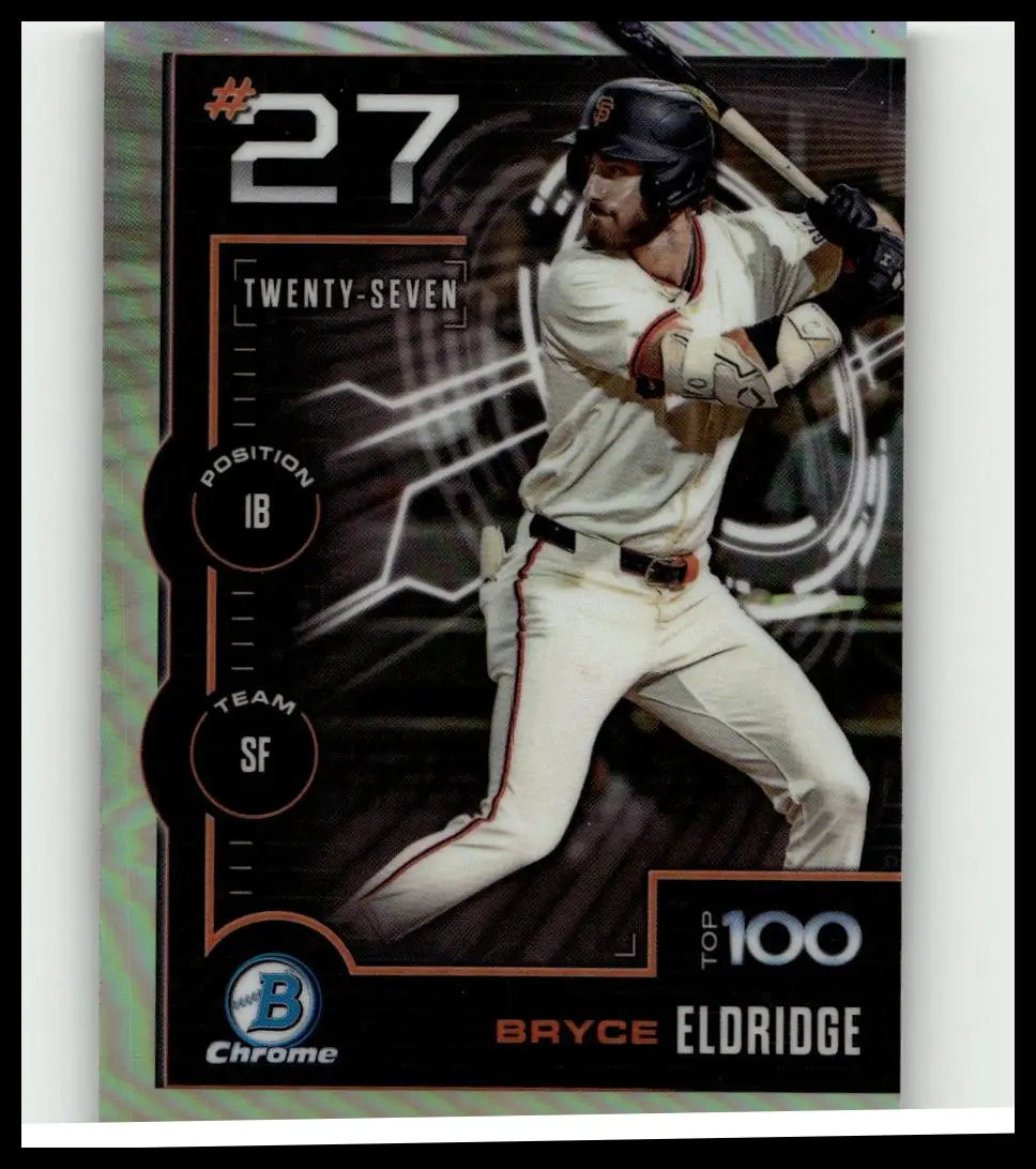A 2025 bowman baseball trading card of bryce eldridge in white uniform with red accents holding a bat, eldridge bowman scouts