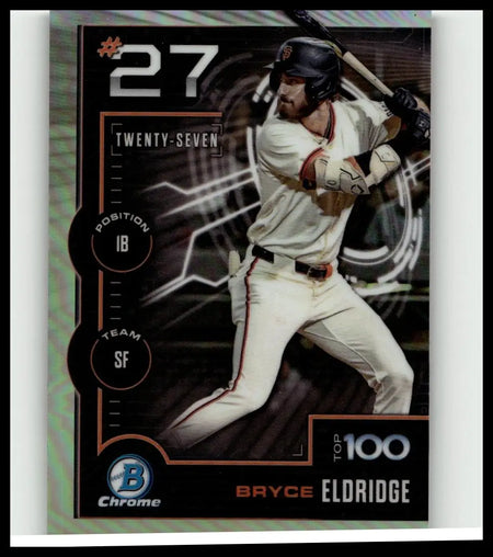 A 2025 bowman baseball trading card of bryce eldridge in white uniform with red accents holding a bat, eldridge bowman scouts