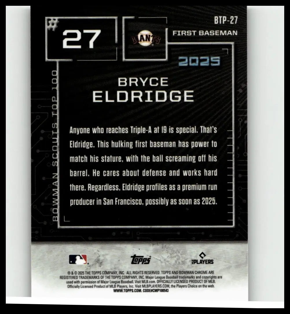 Black 2025 bowman baseball trading card of bryce eldridge number 27 featuring eldridge bowman scouts top 100