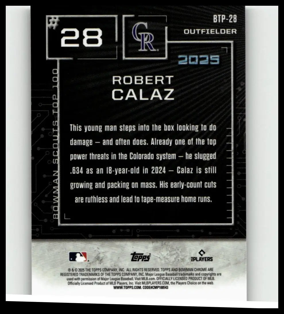 Black robert calaz bowman baseball trading card number 28 outfielder colorado rockies 2025 topps chrome edition