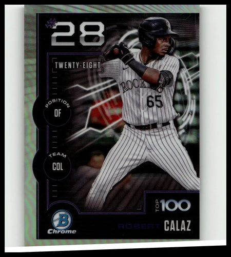 Black and white pinstripe baseball jersey with number 65 featuring rockies lettering for robert calaz bowman scouts
