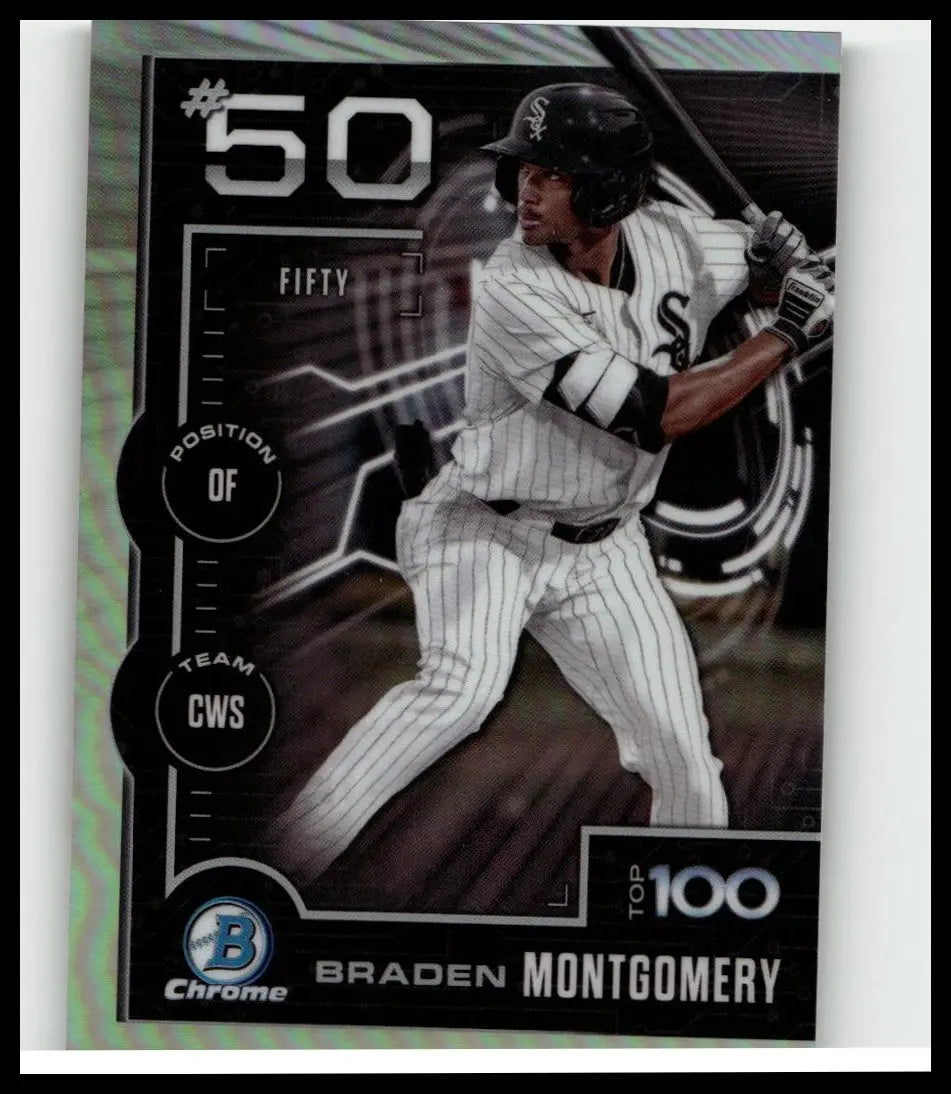 Black and white pinstripe 2025 bowman baseball card featuring braden montgomery in chicago white sox uniform