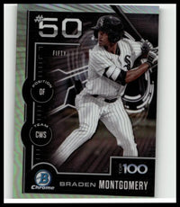 Black and white pinstripe 2025 bowman baseball card featuring braden montgomery in chicago white sox uniform