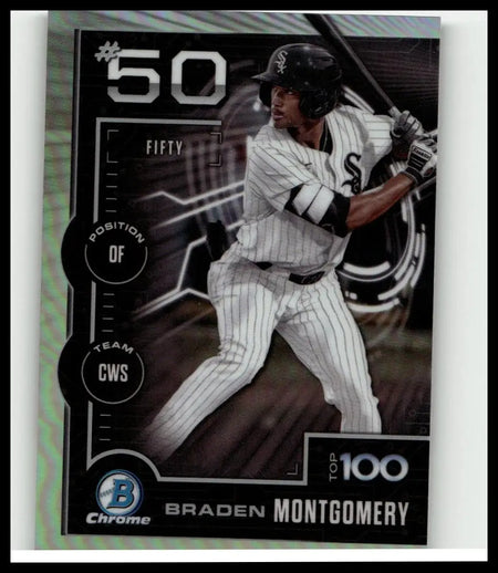 Black and white pinstripe 2025 bowman baseball card featuring braden montgomery in chicago white sox uniform