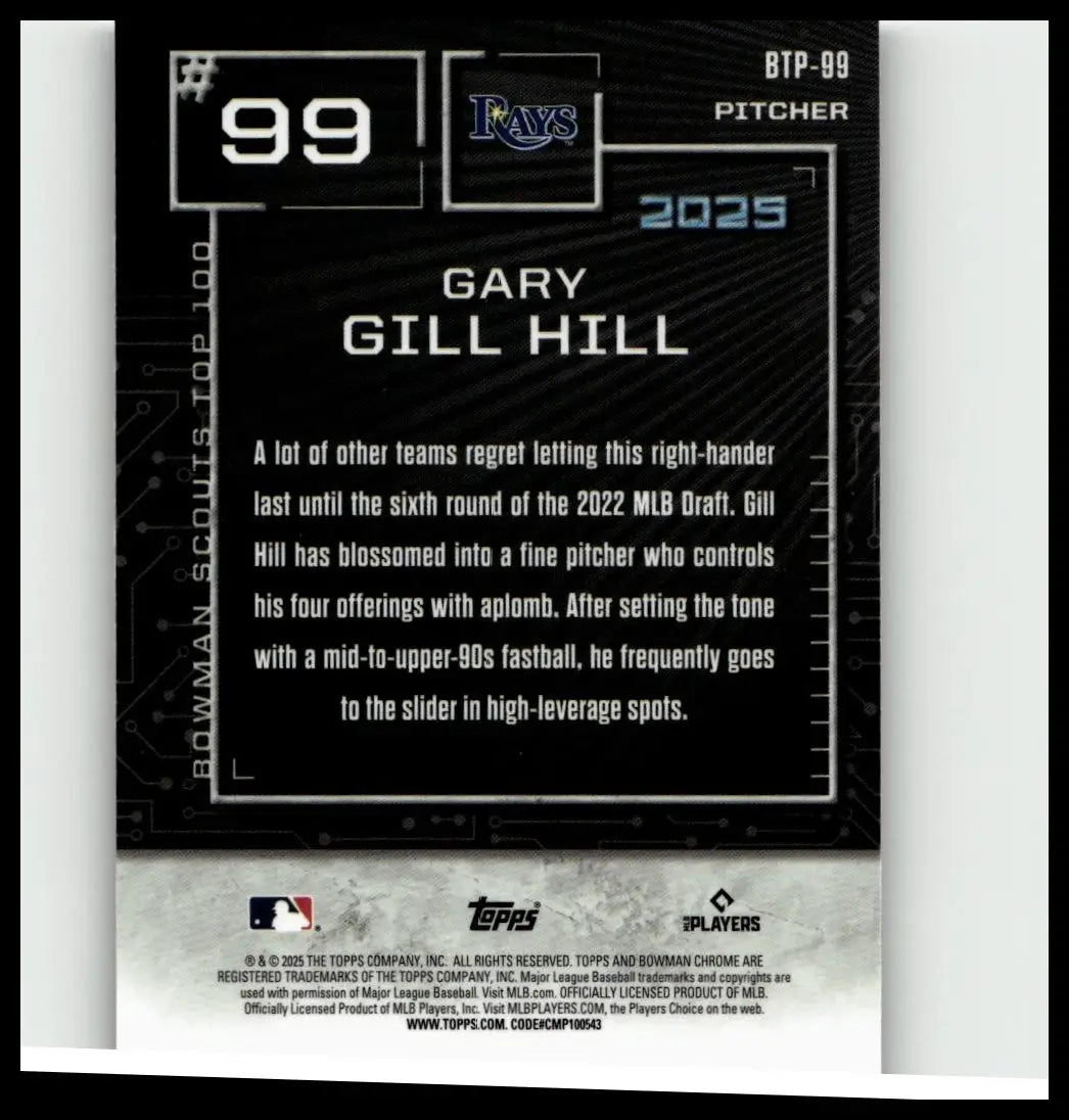 Black baseball trading card featuring gary gill hill number 99 with white and blue text on a circuit board background